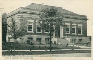 Postcard showing original Carnegie library building in Portland, Indiana