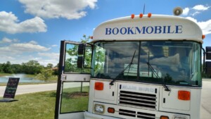 Bookmobile under blue skies at Hudson Park